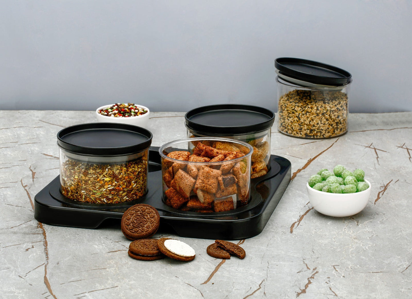 Premium 4 Jar Round Storage Container Set with Tray – Elegant Black KiviiKart