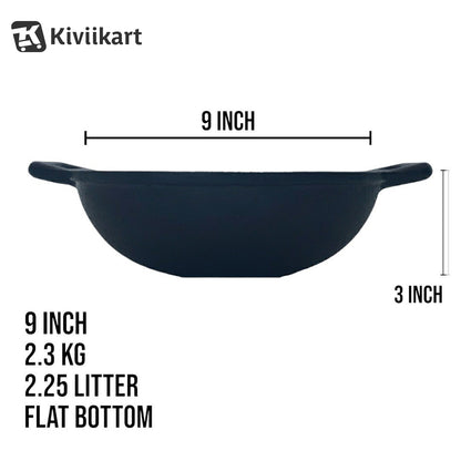 Natural Pre-Seasoned Cast Iron Kadai, 22.86cm/9 Inch, 2.5 LTR, Induction & Oven Friendly, Naturally Non-Stick, 100% Iron & Toxin-Free, No Chemical Coating KiviiKart