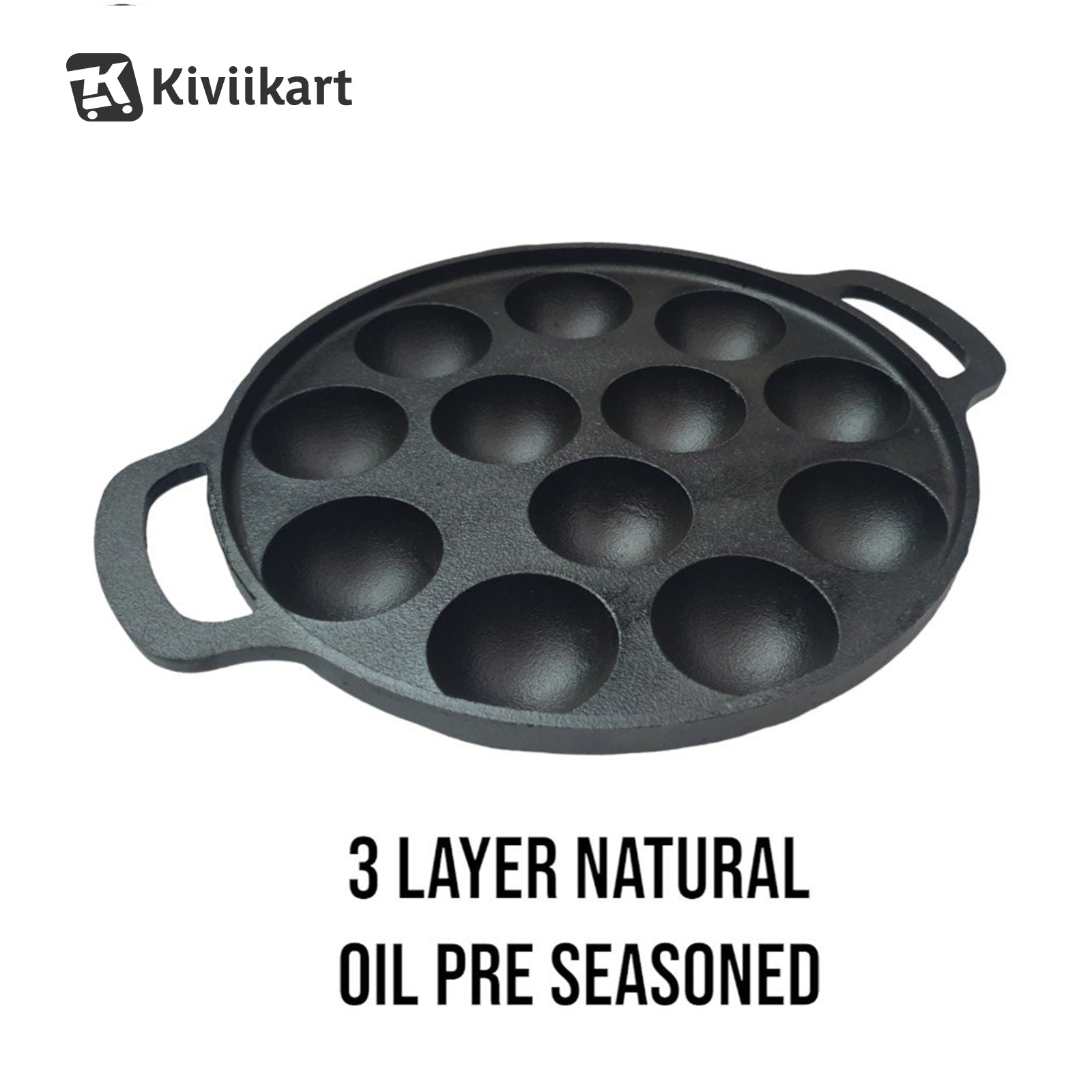 Pre-Seasoned Cast Iron Paniyaram Pan, Appe Pan, Appam Maker, Ponganalu Pan, litti Maker, Non Stick Paddu tawa 12 Cavity, Gas and Induction Friendly, 25.4cm, Black KiviiKart
