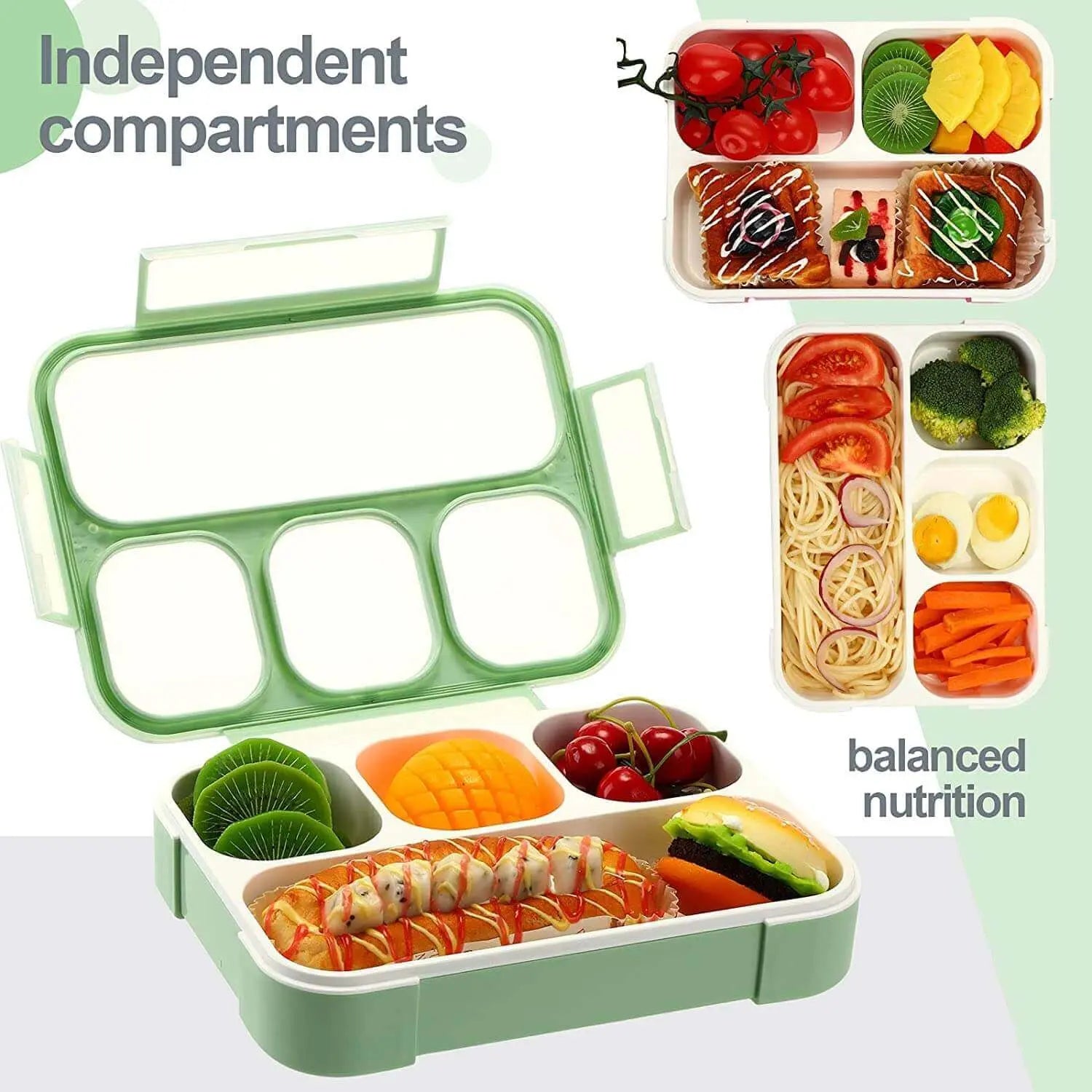 4 Compartment Plastic Leak-Proof Picnic Food Container BPA-Free Microwave and Dishwasher Safe with Spoon School Office Picnic Outdoor (Green) My Store
