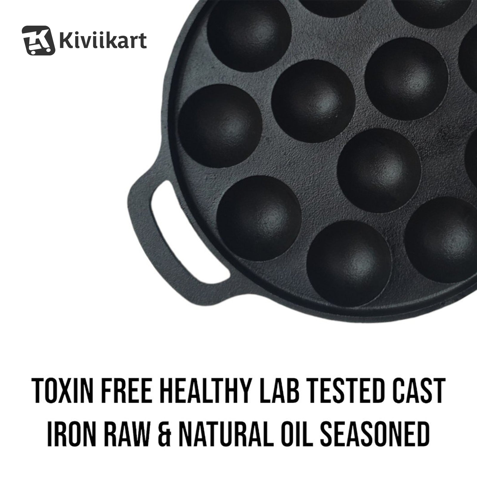 Pre-Seasoned Cast Iron Paniyaram Pan, Appe Pan, Appam Maker, Ponganalu Pan, litti Maker, Non Stick Paddu tawa 12 Cavity, Gas and Induction Friendly, 25.4cm, Black KiviiKart