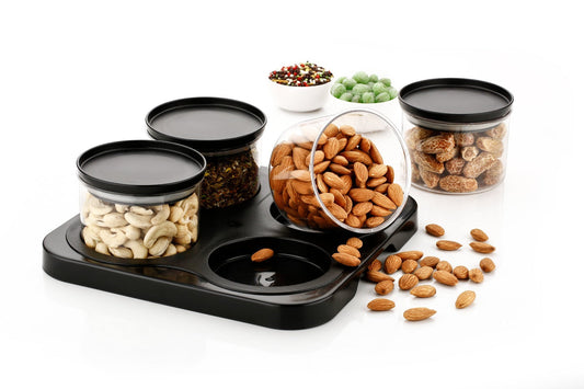 Premium 4 Jar Round Storage Container Set with Tray – Elegant Black KiviiKart