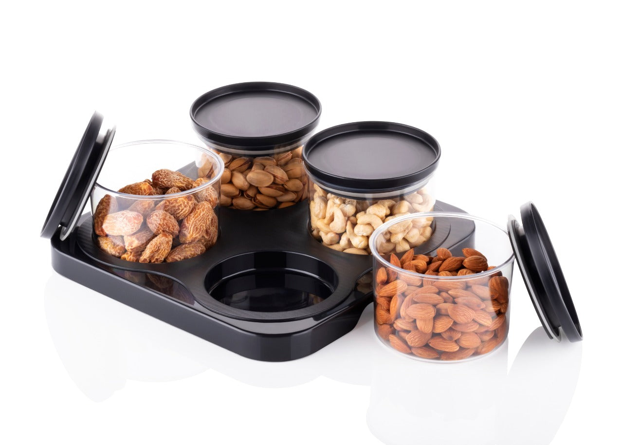 Premium 4 Jar Round Storage Container Set with Tray – Elegant Black KiviiKart