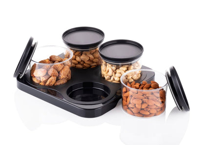Premium 4 Jar Round Storage Container Set with Tray – Elegant Black KiviiKart