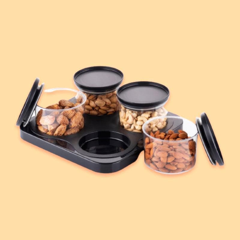 Premium 4 Jar Round Storage Container Set with Tray – Elegant Black KiviiKart