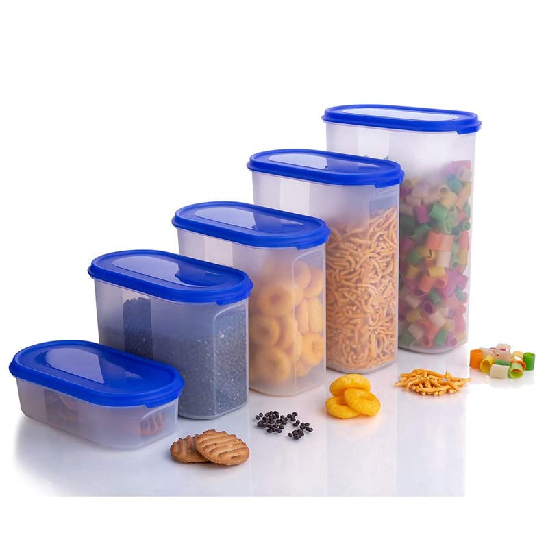 Air Tight Kitchen Stackable Durable BPA-Free Modular Design Storage Container Set with Plain Lids, 5Pcs Food Saver Plastic Jar Set for Pulses, Rice, Dal, Atta, Flour, Cereals, Snacks KiviiKart