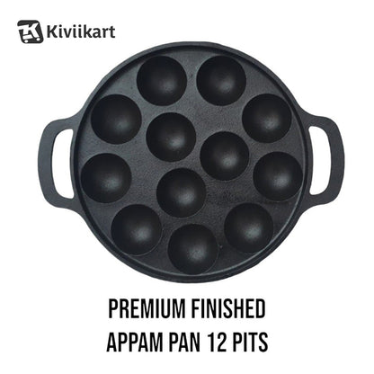 Pre-Seasoned Cast Iron Paniyaram Pan, Appe Pan, Appam Maker, Ponganalu Pan, litti Maker, Non Stick Paddu tawa 12 Cavity, Gas and Induction Friendly, 25.4cm, Black KiviiKart