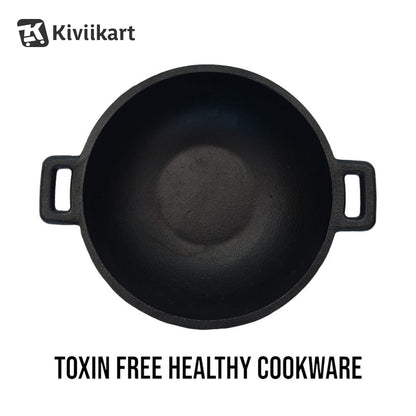 Natural Pre-Seasoned Cast Iron Kadai, 22.86cm/9 Inch, 2.5 LTR, Induction & Oven Friendly, Naturally Non-Stick, 100% Iron & Toxin-Free, No Chemical Coating KiviiKart
