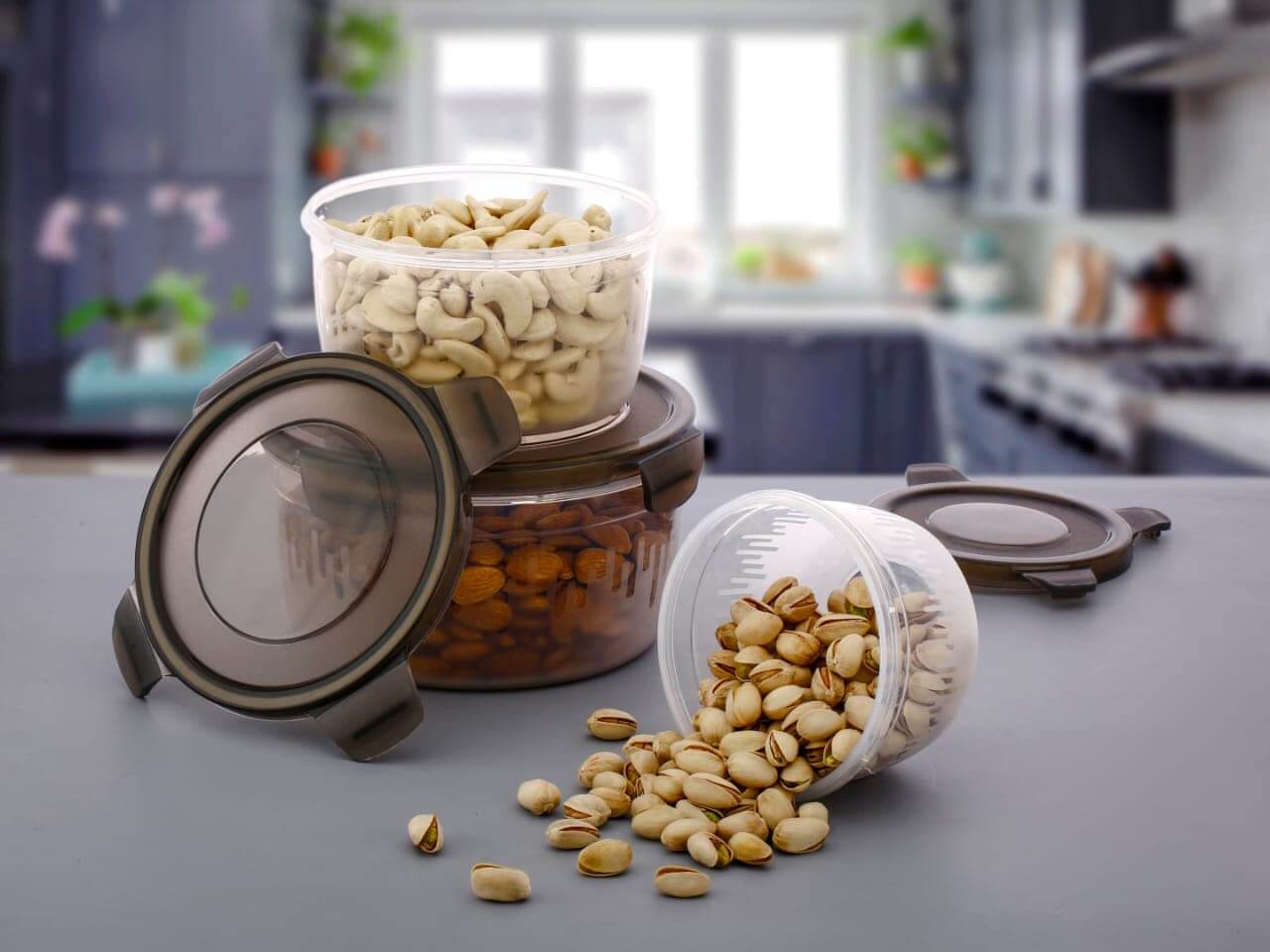 3PC Brown Plastic food Storage Container With Airtight Lid For Kitchen Pack of 3 (600ml,1200ml,1800ml) (Brown) My Store