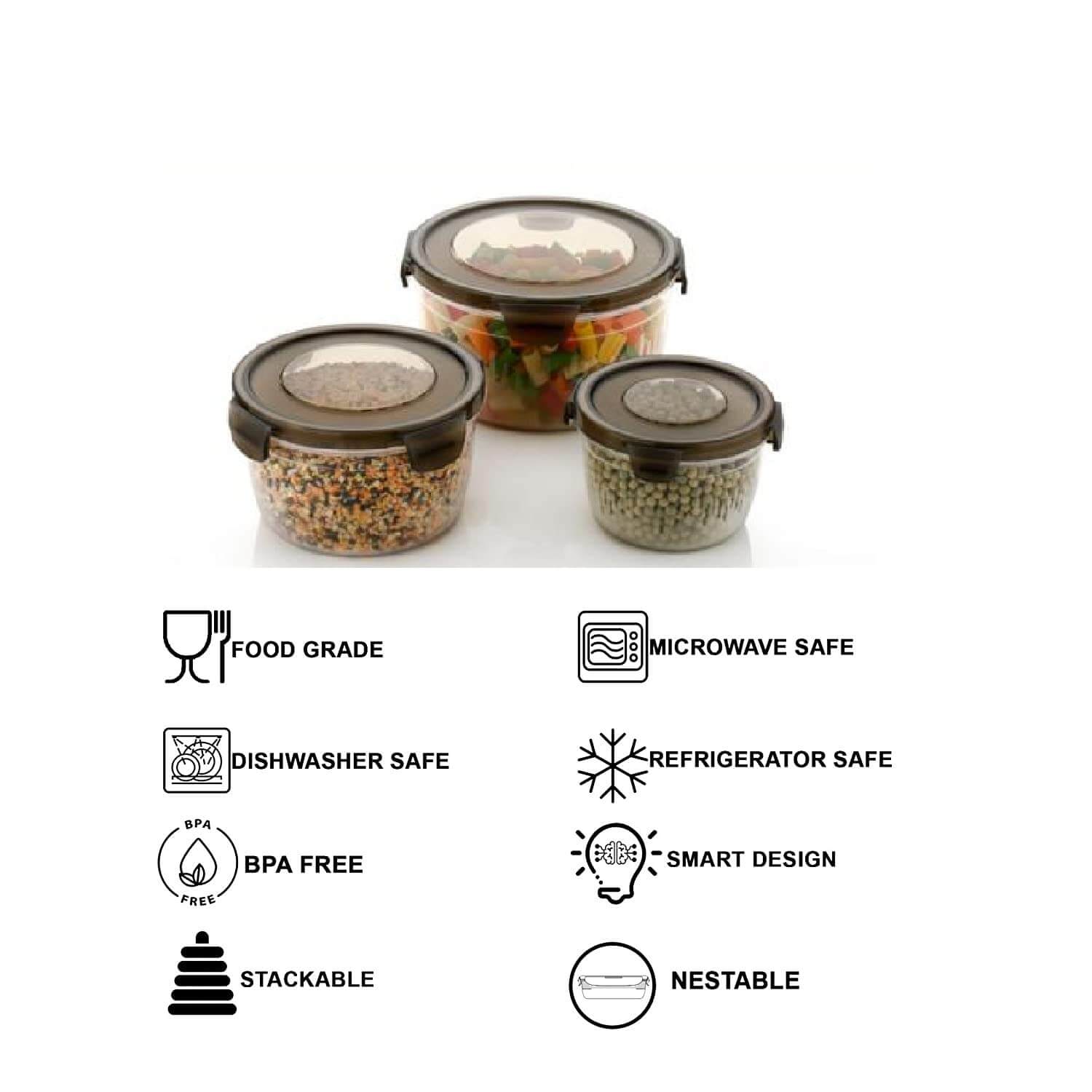 3PC Brown Plastic food Storage Container With Airtight Lid For Kitchen Pack of 3 (600ml,1200ml,1800ml) (Brown) My Store