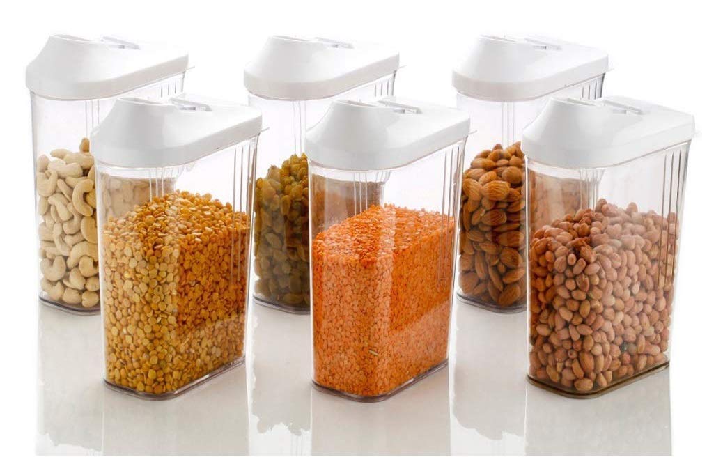 Easy Flow Plastic Kitchen Storage Jars & Container Set, Transparent Set of 6, (750 ml, 1100 ml, 1700 ml) KiviiKart