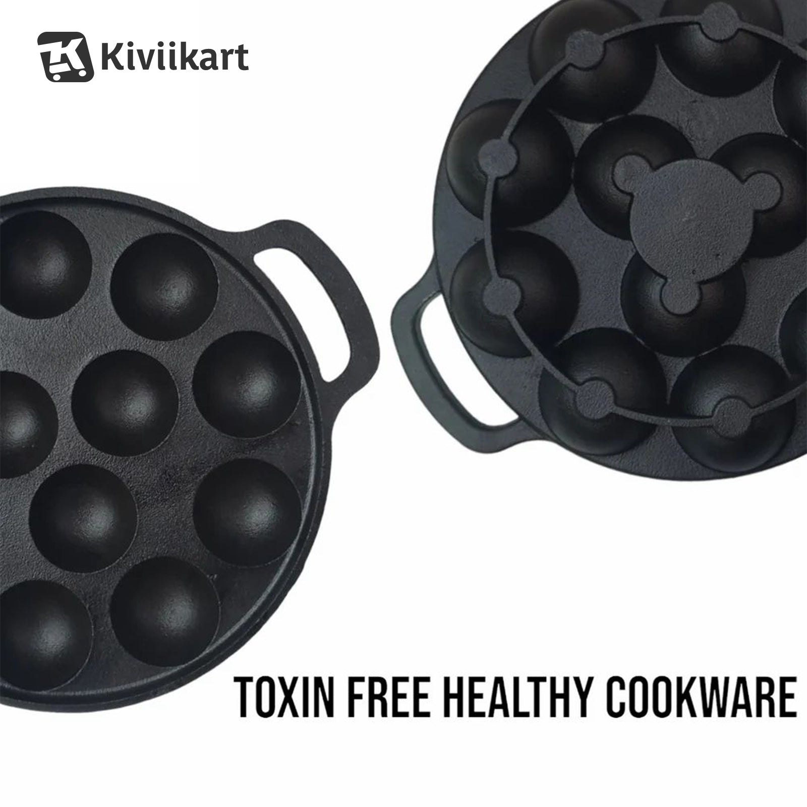 Pre-Seasoned Cast Iron Paniyaram Pan, Appe Pan, Appam Maker, Ponganalu Pan, litti Maker, Non Stick Paddu tawa 12 Cavity, Gas and Induction Friendly, 25.4cm, Black KiviiKart
