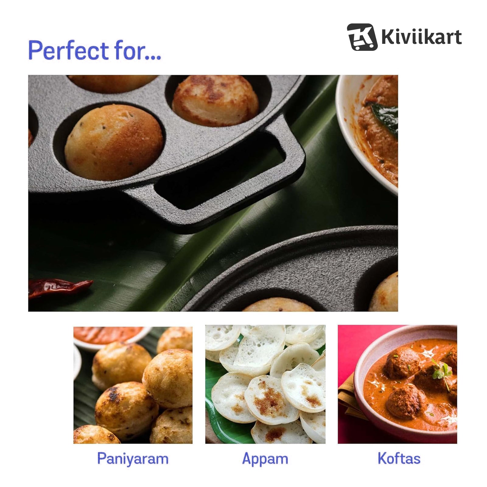 Pre-Seasoned Cast Iron Paniyaram Pan, Appe Pan, Appam Maker, Ponganalu Pan, litti Maker, Non Stick Paddu tawa 12 Cavity, Gas and Induction Friendly, 25.4cm, Black KiviiKart
