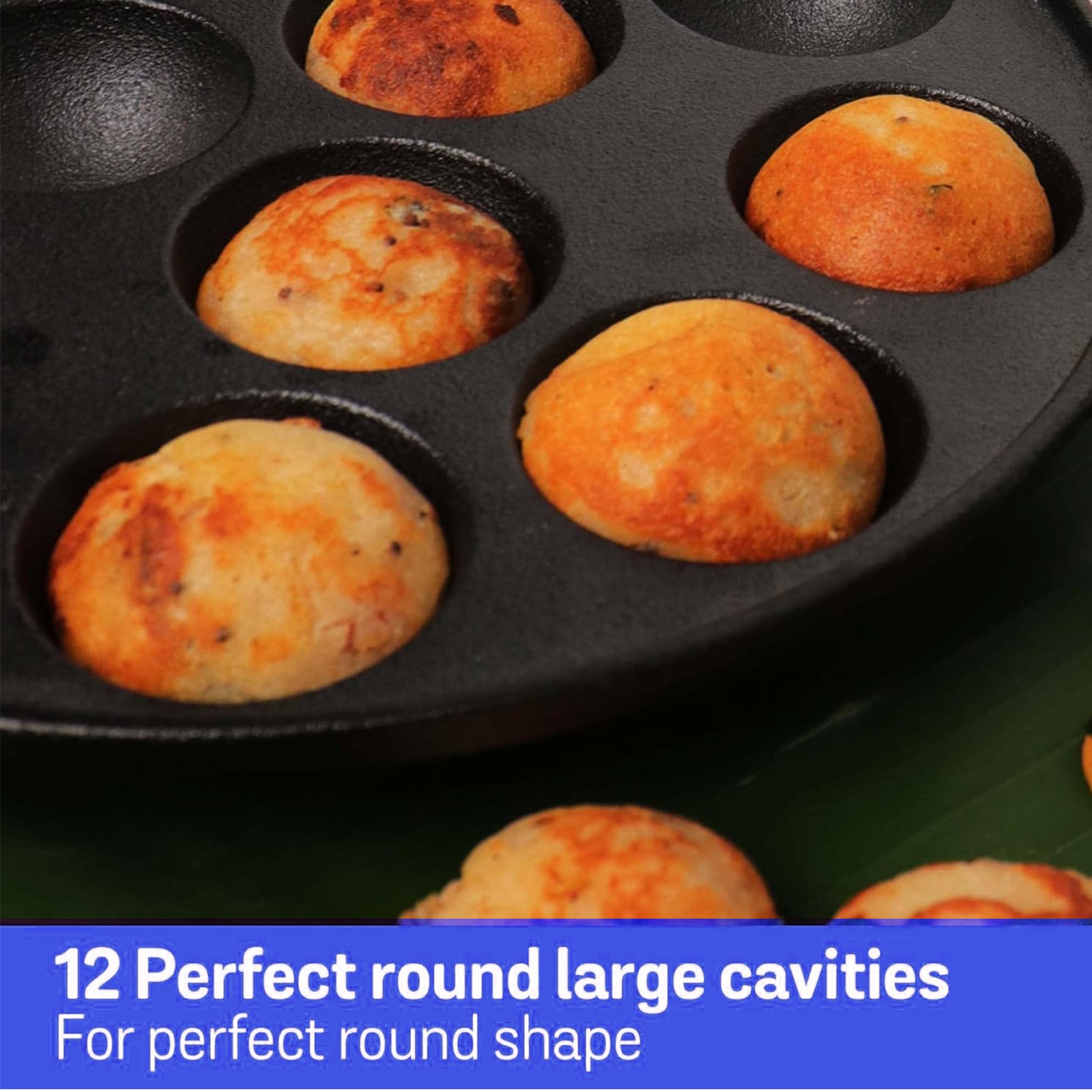 Pre-Seasoned Cast Iron Paniyaram Pan, Appe Pan, Appam Maker, Ponganalu Pan, litti Maker, Non Stick Paddu tawa 12 Cavity, Gas and Induction Friendly, 25.4cm, Black KiviiKart