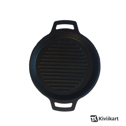 Cast Iron Pre Seasoned Round Grill Skillet Pan Double Handle for Sandwich, Barbeque, Tandoor|Dia- 10 Inch (25.4 Cm) 1.8 kg| Gas & Induction Compatible | Naturally NonStick |1.5L KiviiKart