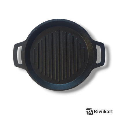 Cast Iron Pre Seasoned Round Grill Skillet Pan Double Handle for Sandwich, Barbeque, Tandoor|Dia- 10 Inch (25.4 Cm) 1.8 kg| Gas & Induction Compatible | Naturally NonStick |1.5L KiviiKart