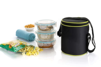 Glass Lunch Box 400 ml, Microwave Safe Office Tiffin (Transparent), Round, Microwave Safe Office Tiffin Box for Office use, Student, Women, Men, Girls(Premium Glass Lunch Box-3 Container) My Store